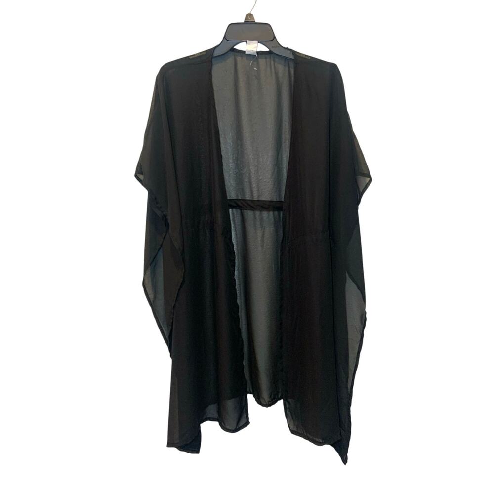 Women's Open Wing Sleeve Poly Chiffon Sheer Robe Cover-up Black Size M